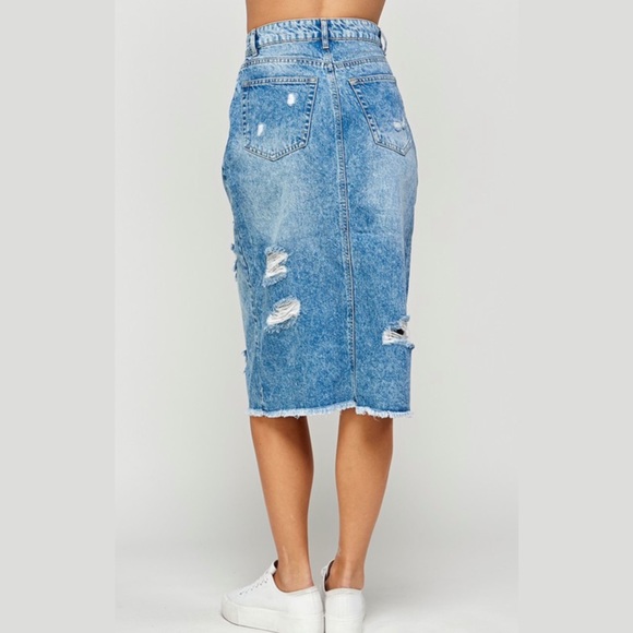 Medium Wash Long Distressed High Waisted Midi Denim Skirt - Picture 4 of 6